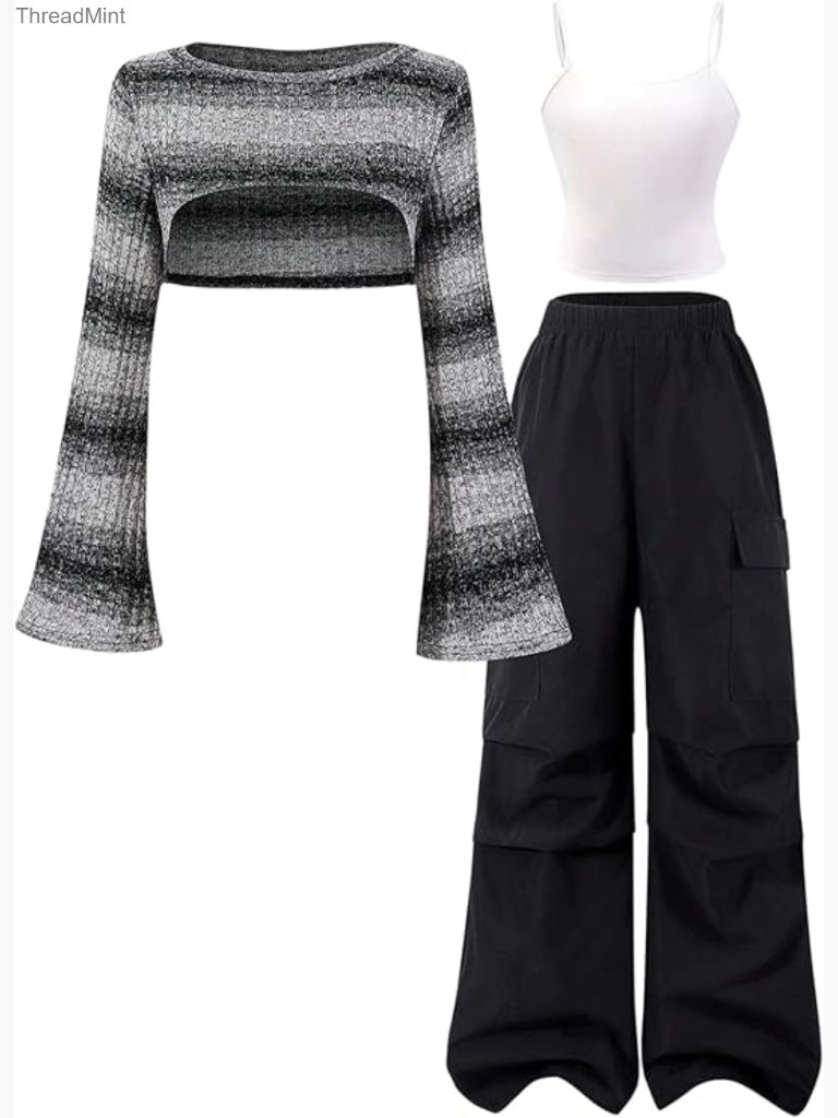 Girls 3-Piece Fall Outfit Set: Cami Top, Striped Knit Top & Cargo Pants